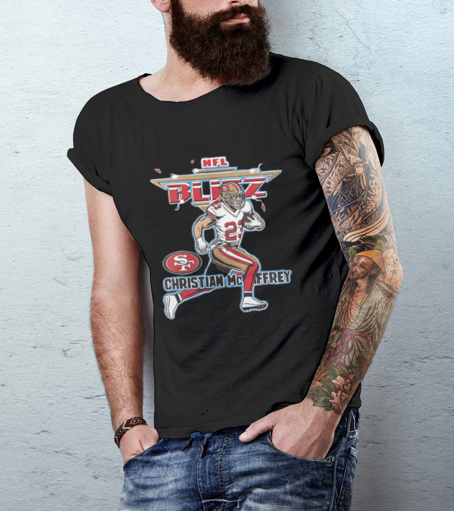 NFL Blitz 23 Christian McCaffrey San Francisco 49ers Football Player Running With Ball T-Shirt