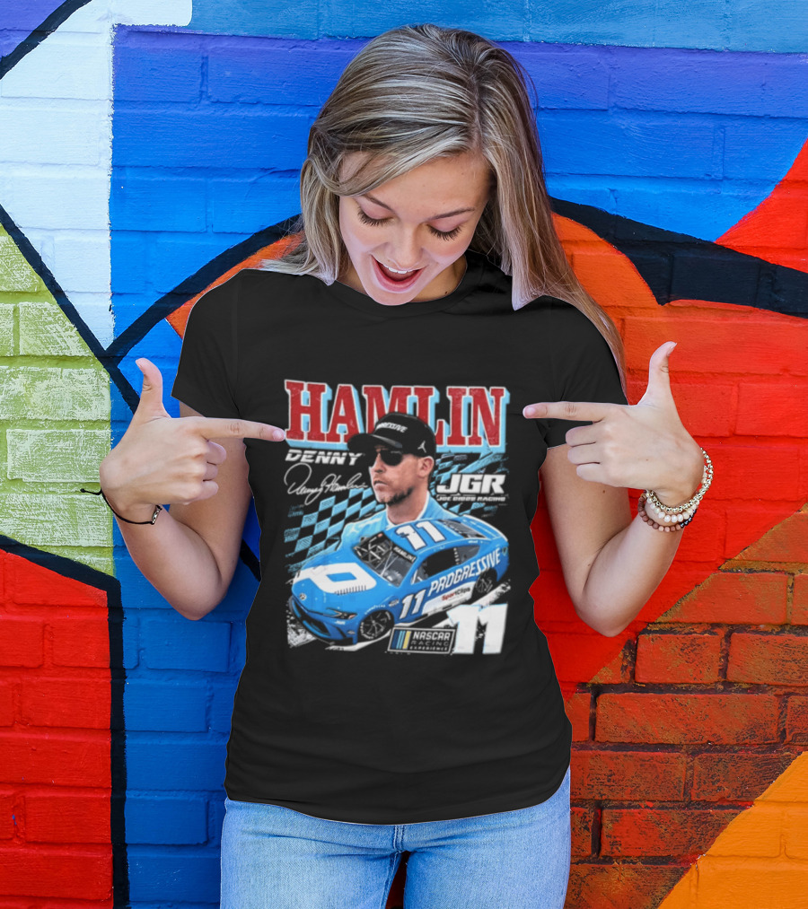 Denny Hamlin Joe Gibbs Racing NASCAR Progressive 11 Racer With Signature And Sunglasses T-Shirt