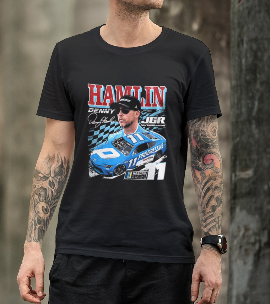 Denny Hamlin Joe Gibbs Racing NASCAR Progressive 11 Racer With Signature And Sunglasses T-Shirt
