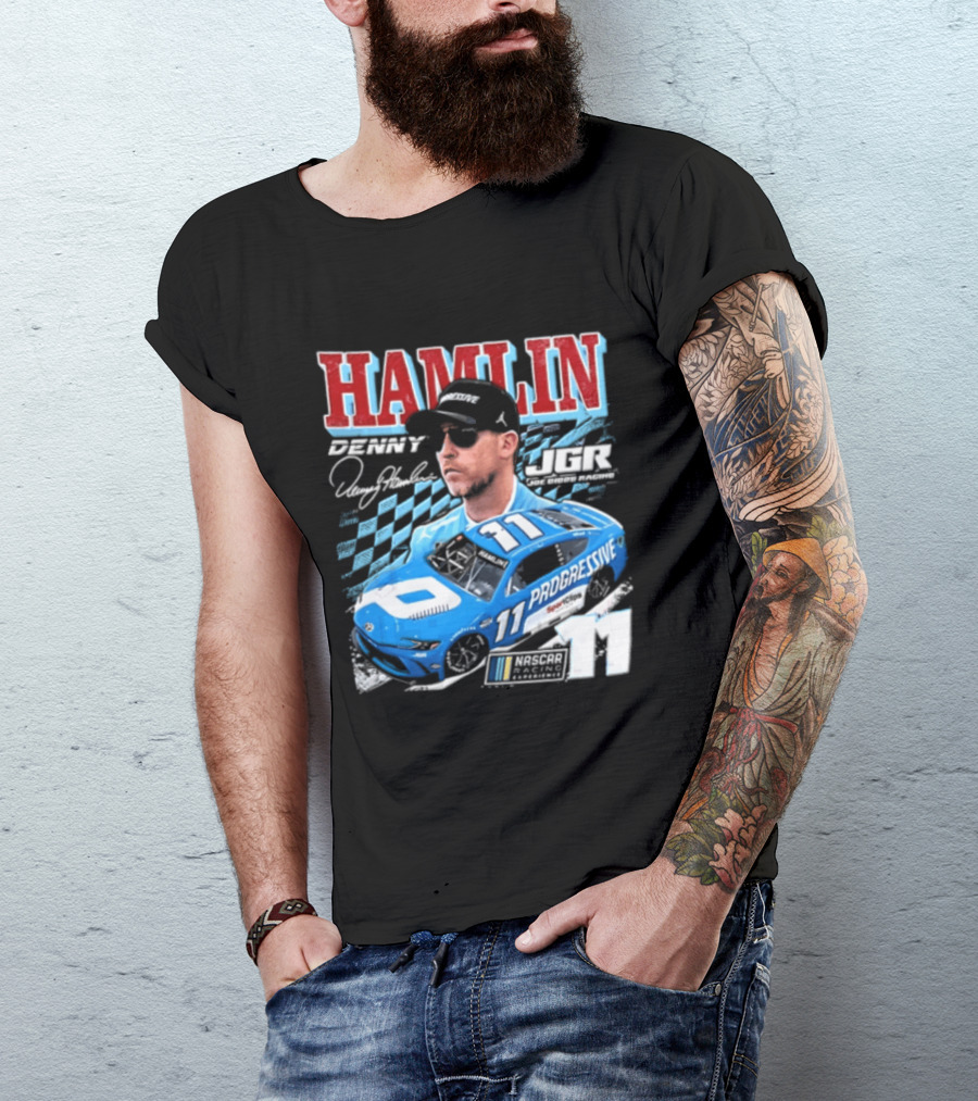 Denny Hamlin Joe Gibbs Racing NASCAR Progressive 11 Racer With Signature And Sunglasses T-Shirt