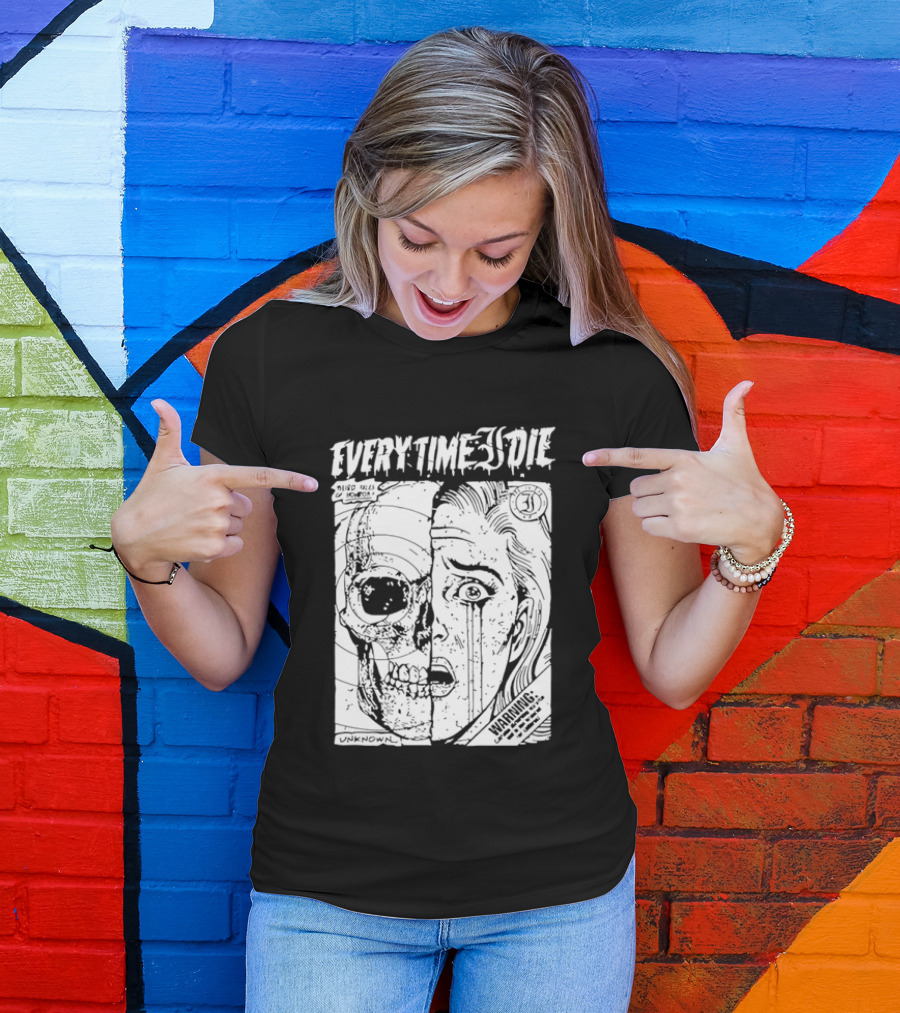 Every Time I Die Weird Tales Horror Warning Skull Face Half Human T-Shirt
