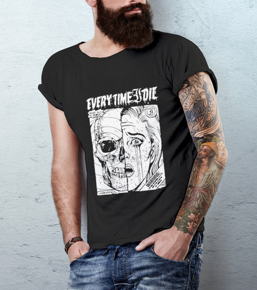 Every Time I Die Weird Tales Horror Warning Skull Face Half Human T-Shirt