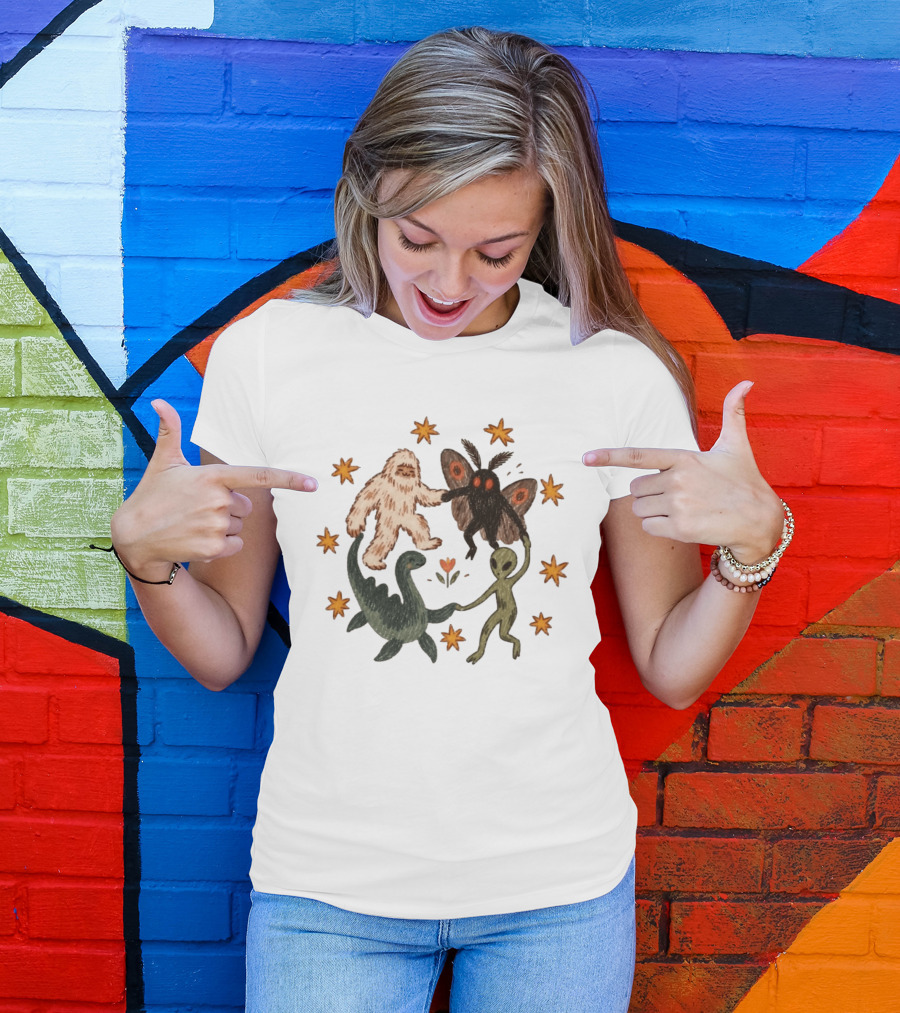 Bigfoot Mothman Loch Ness Monster Alien Dancing Cryptids With Stars T-Shirt