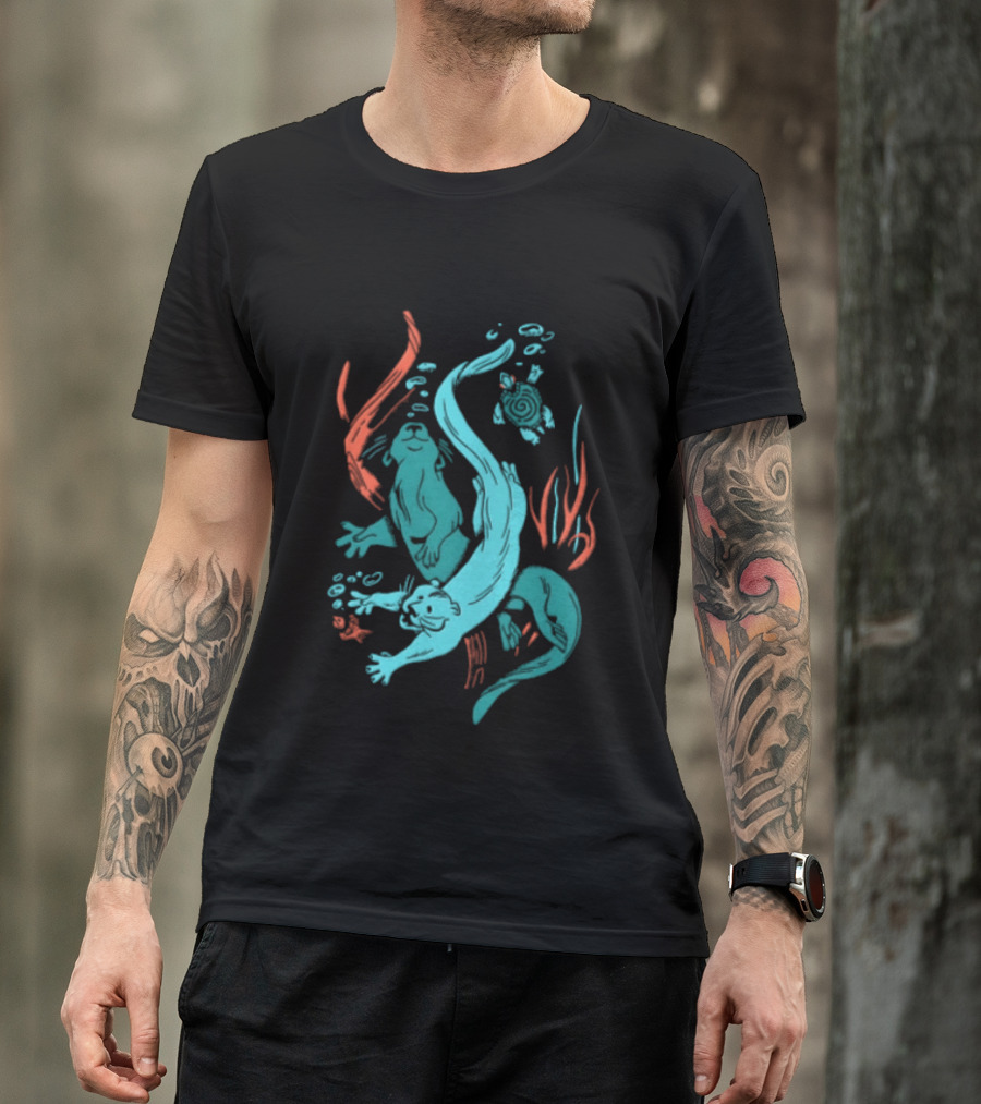 Two Otters Swimming Underwater With Turtle And Seaweed T-Shirt
