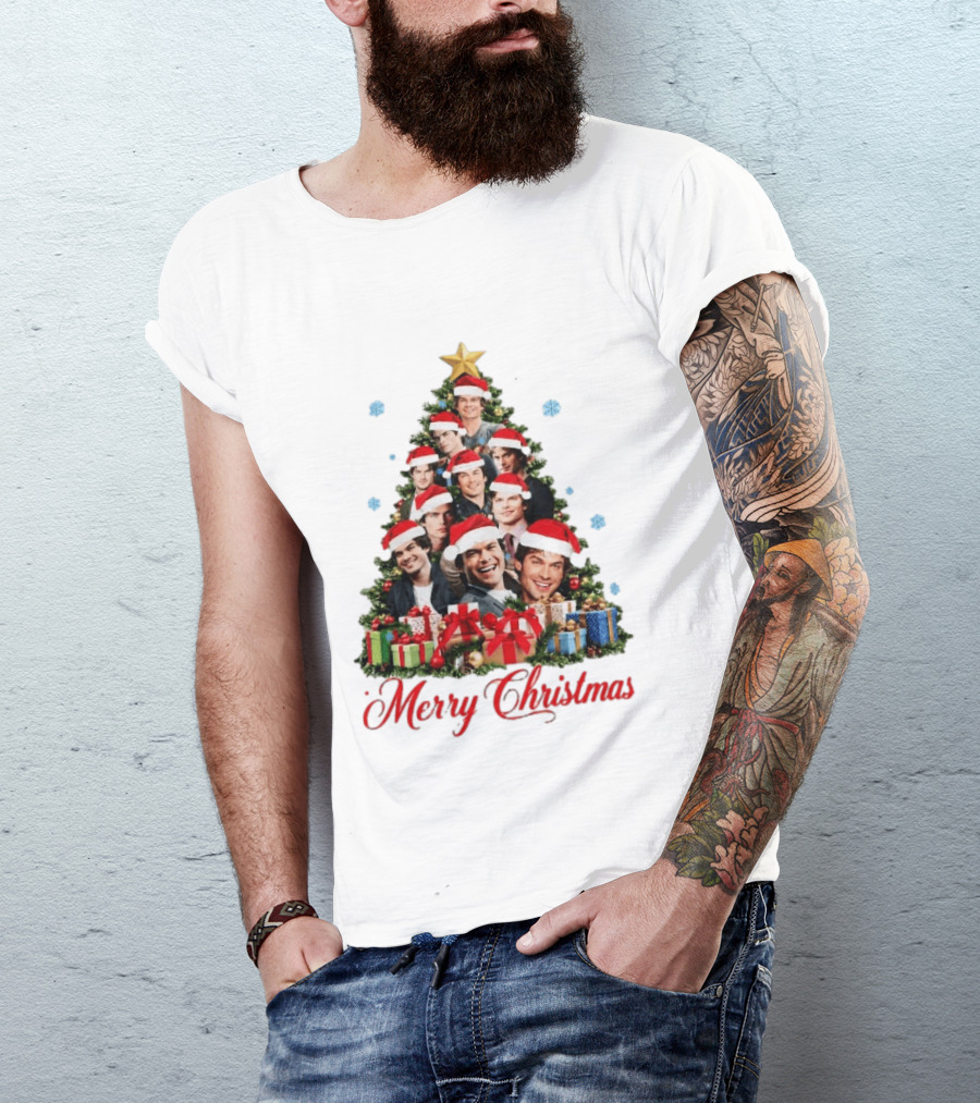 Merry Christmas All I Want For Christmas Is Damon Salvatore Santa Hat Christmas Tree T-Shirt