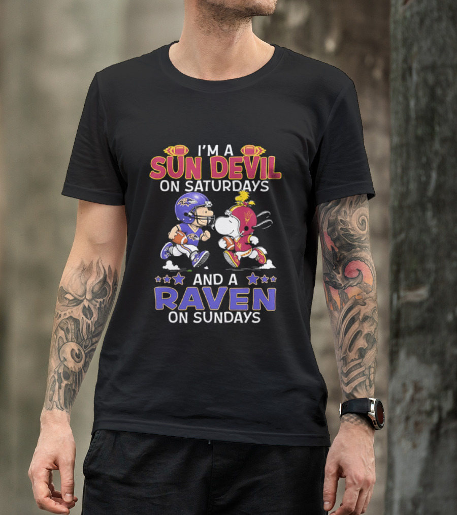 I'm A Sun Devil On Saturdays And A Raven On Sundays Snoopy And Charlie Brown Football T-Shirt
