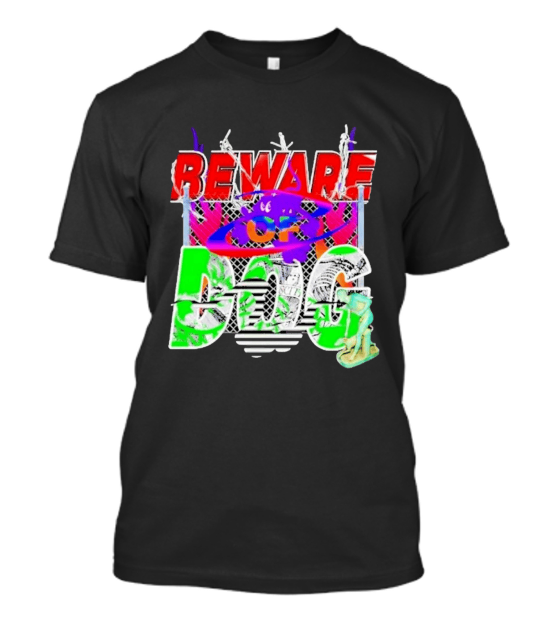 Beware Of Dog Streetwear Urban Graffiti Chain Link Fence T-Shirt