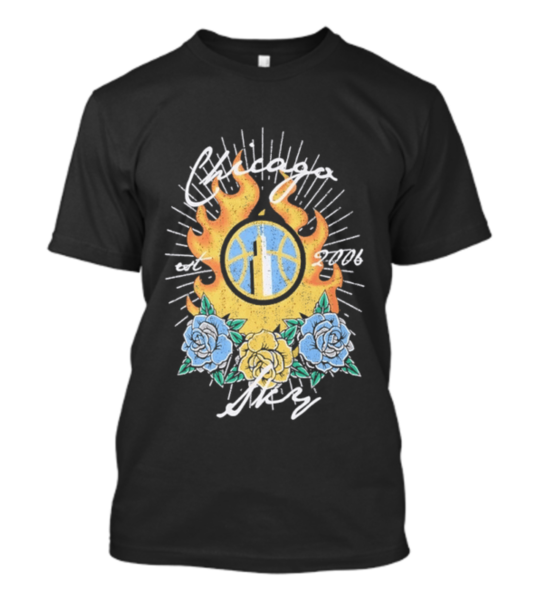 Chicago Sky Est 2006 WNBA Distressed Floral Basketball Flame T-Shirt