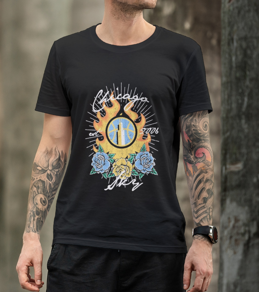 Chicago Sky Est 2006 WNBA Distressed Floral Basketball Flame T-Shirt
