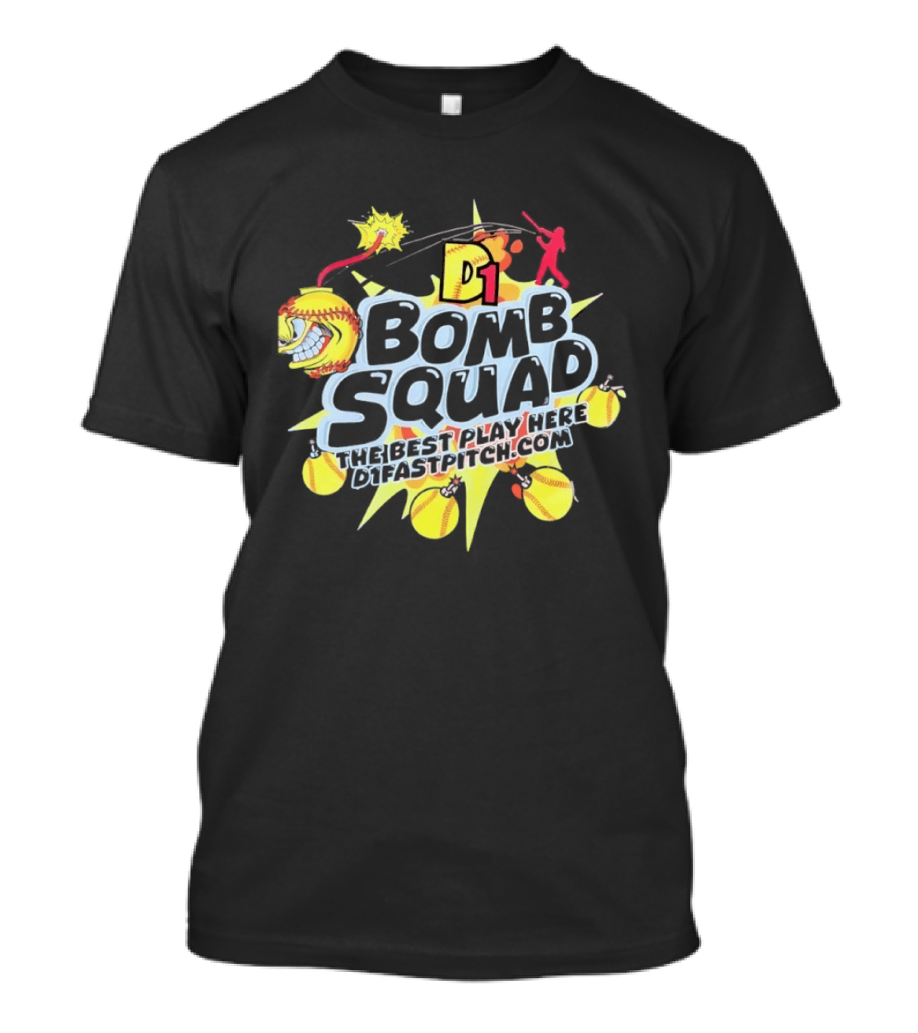 D1 Bomb Squad The Best Play Here Softball D1Fastpitch.com T-Shirt