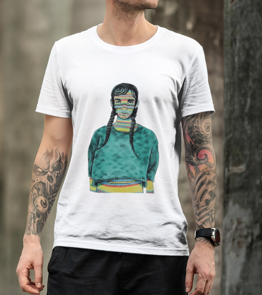 Girl With Braids Colorful Striped Face And Green Sweater T-Shirt