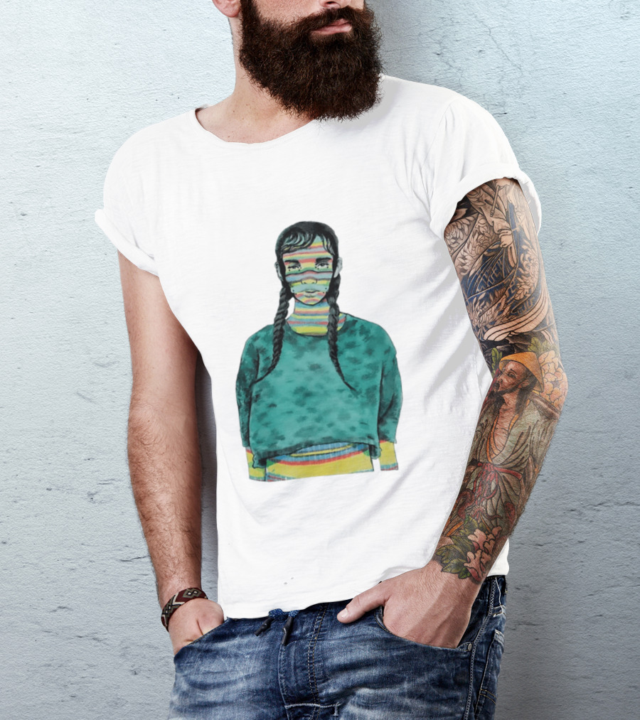 Girl With Braids Colorful Striped Face And Green Sweater T-Shirt