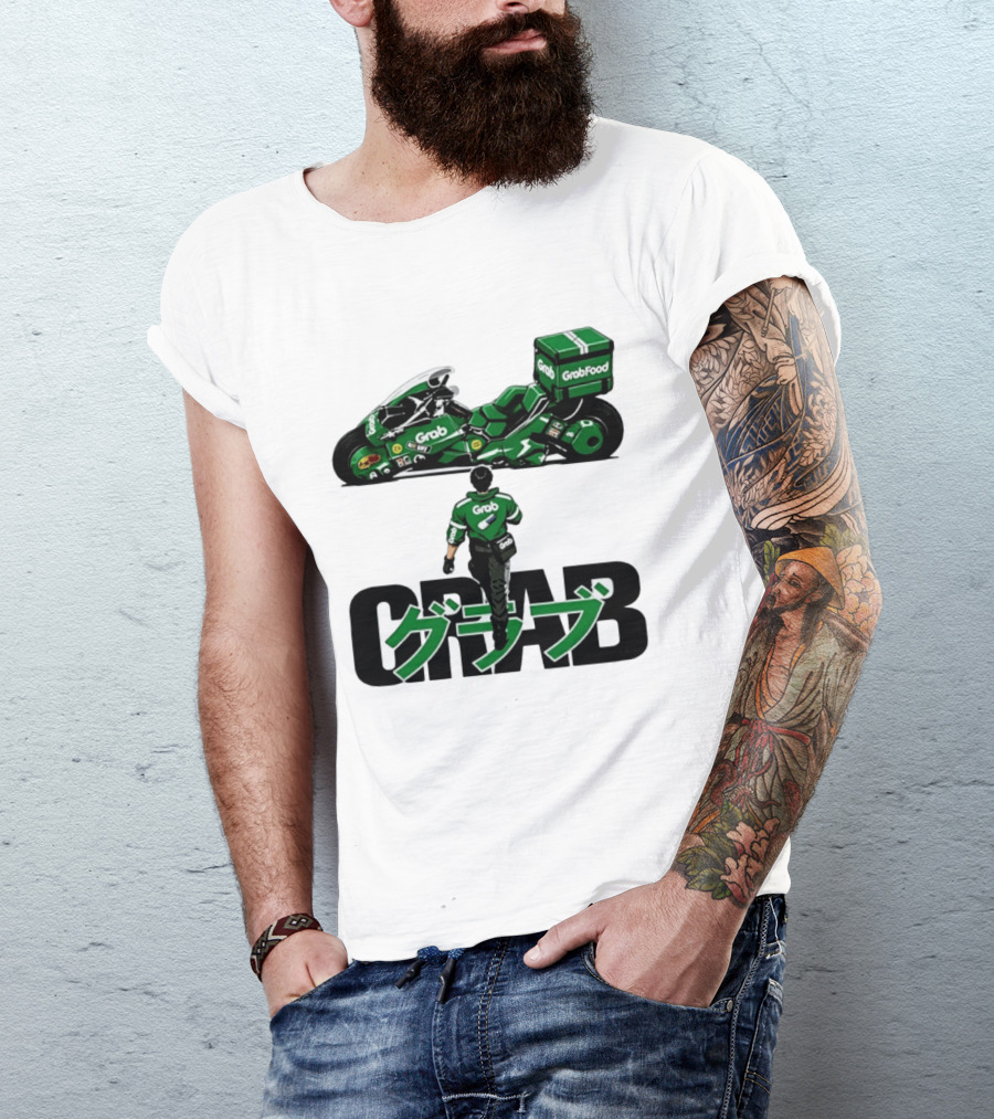 GrabFood Rider Akira Tribute Motorcycle Graphic Kanji T-Shirt