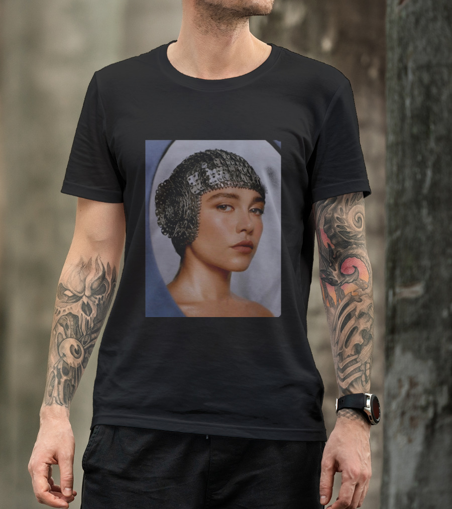 Florence Pugh Stuns On Vanity Fair With Elegant Chainmail Headpiece T-Shirt