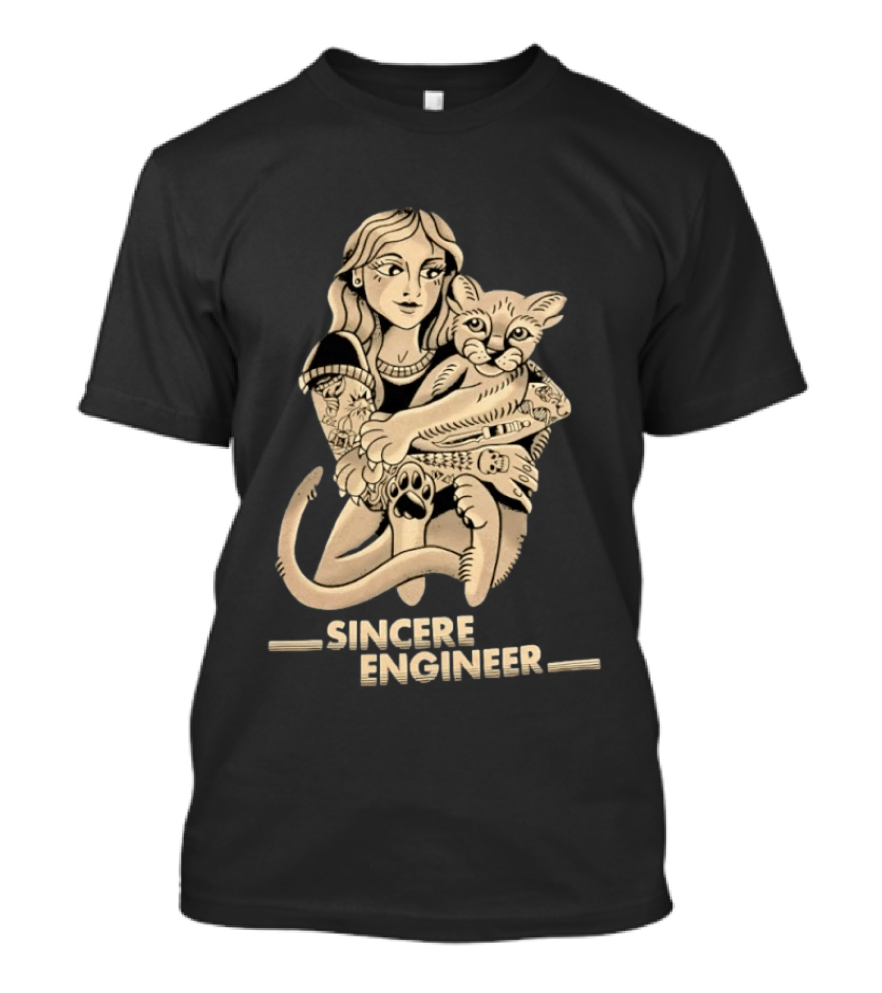 Tattooed Woman Hugging Cat Sincere Engineer T-Shirt