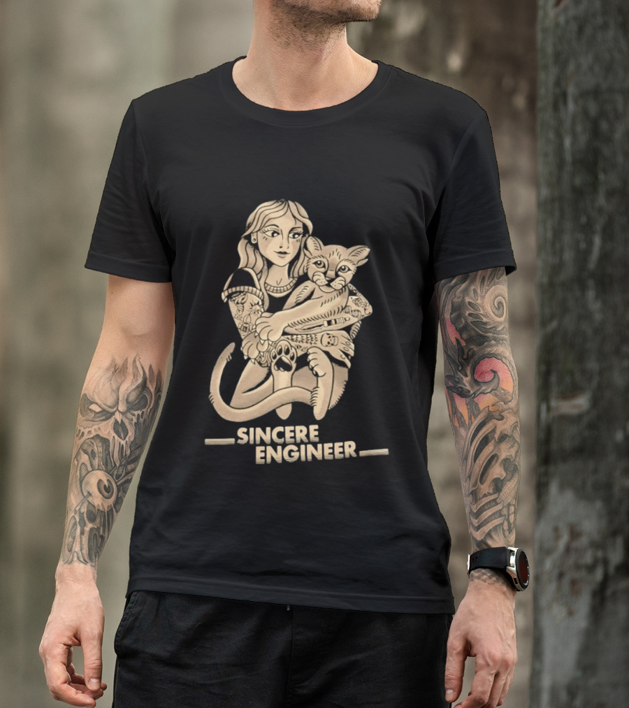 Tattooed Woman Hugging Cat Sincere Engineer T-Shirt