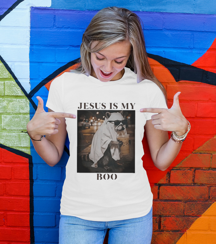 Jesus Is My Boo Raccoon With Iced Coffee And Sunglasses T-Shirt