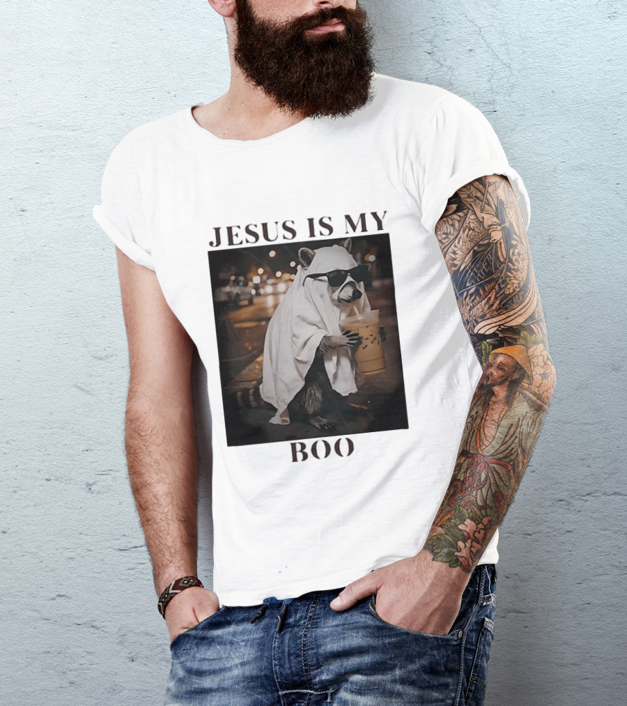 Jesus Is My Boo Raccoon With Iced Coffee And Sunglasses T-Shirt