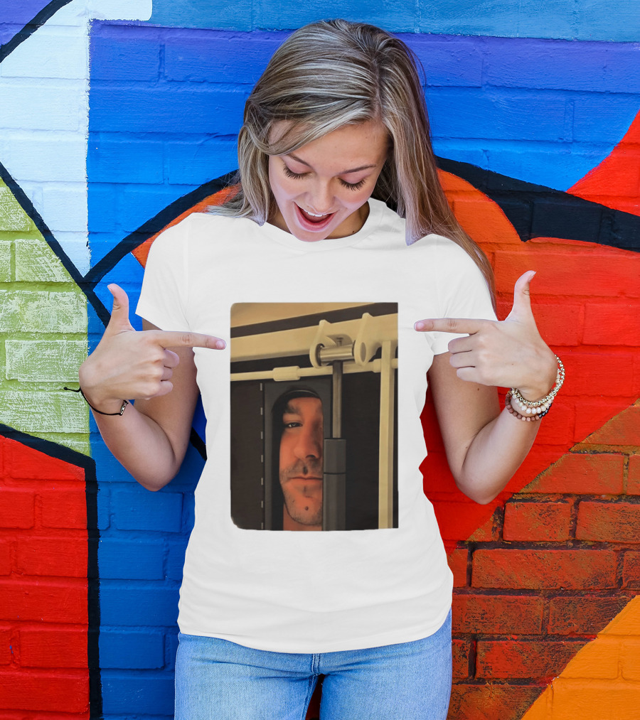 Man Peeking Through Door Face Hidden Observation Doorway T-Shirt