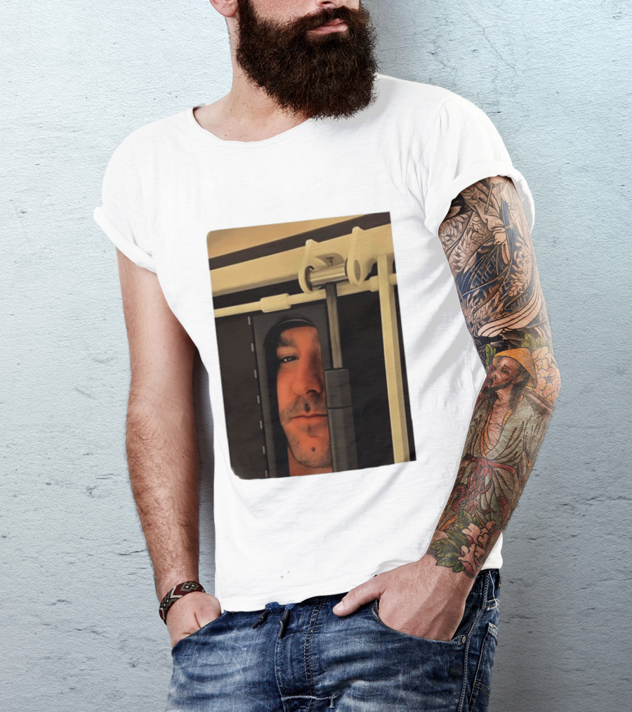 Man Peeking Through Door Face Hidden Observation Doorway T-Shirt