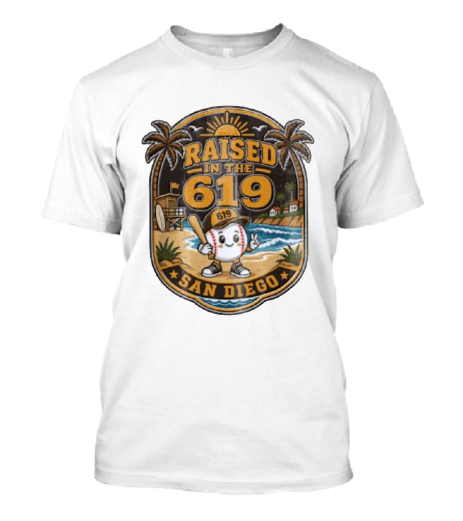 Raised In The 619 Baseball Character San Diego Beach Sunset Palm Trees T-Shirt