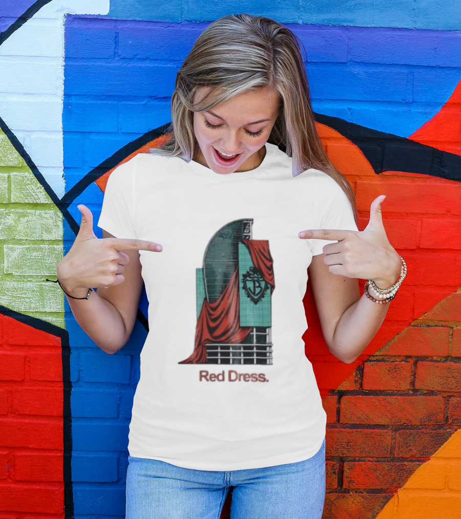 Red Dress Red Drapes Over Modern Skyscraper With Shield T-Shirt