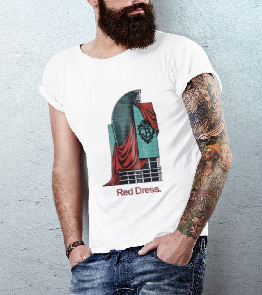 Red Dress Red Drapes Over Modern Skyscraper With Shield T-Shirt