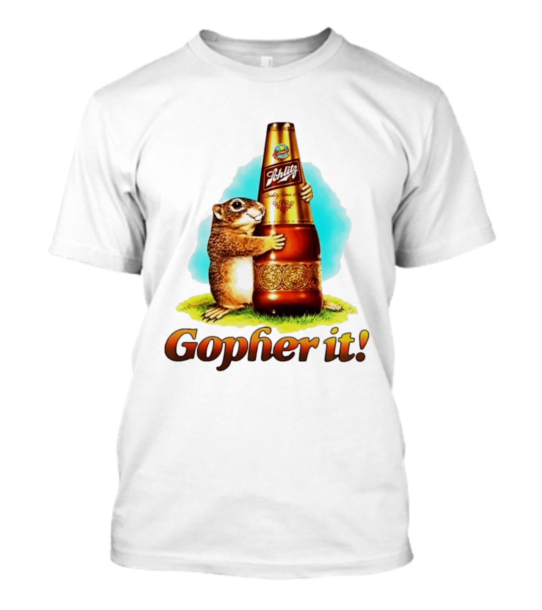 Schlitz Beer Gopher It Bottle Hugging Squirrel Vintage Advertising T-Shirt