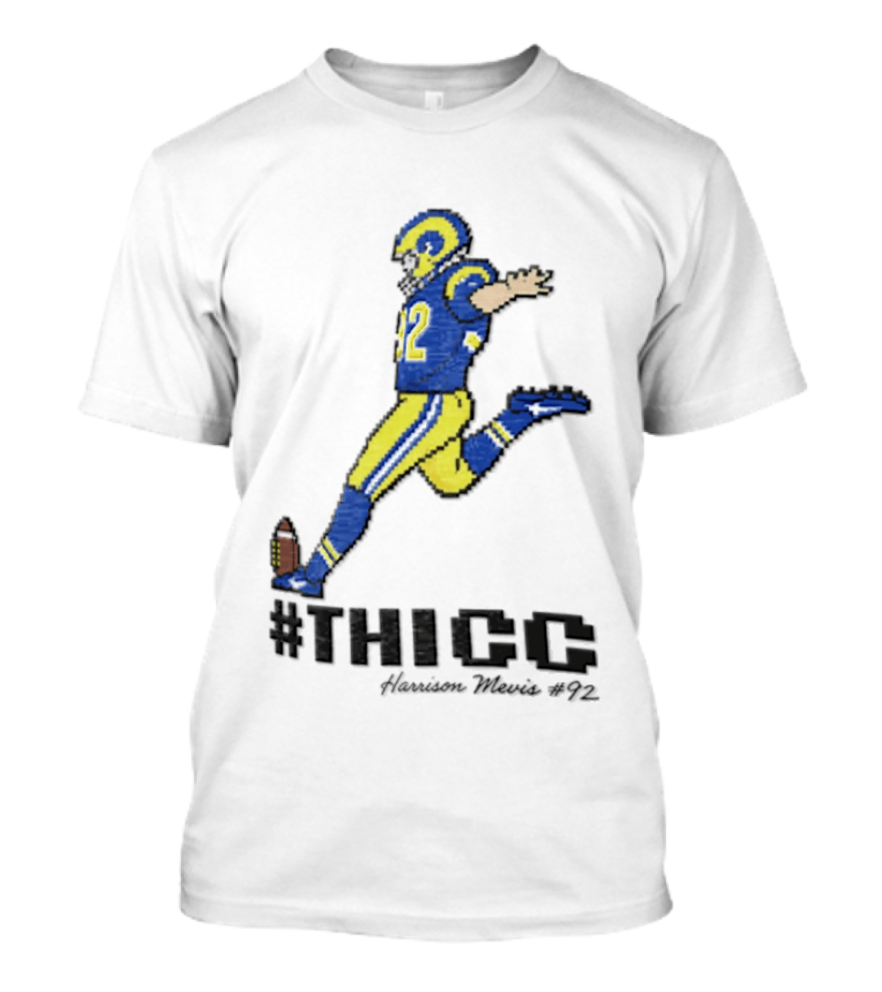 #THICC Harrison Mevis 92 Pixel Football Player In Blue And Yellow Uniform T-Shirt