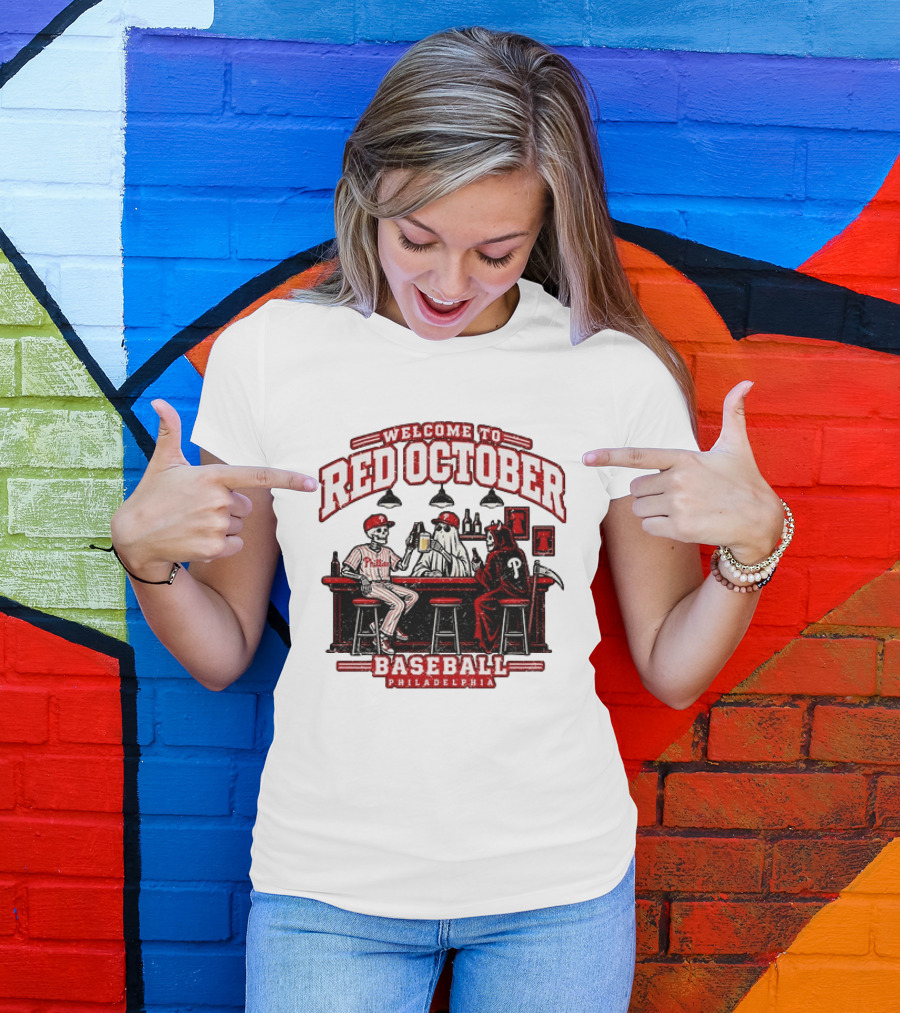 Welcome To Red October Baseball Philadelphia Halloween Skeletons And Ghost At Bar T-Shirt