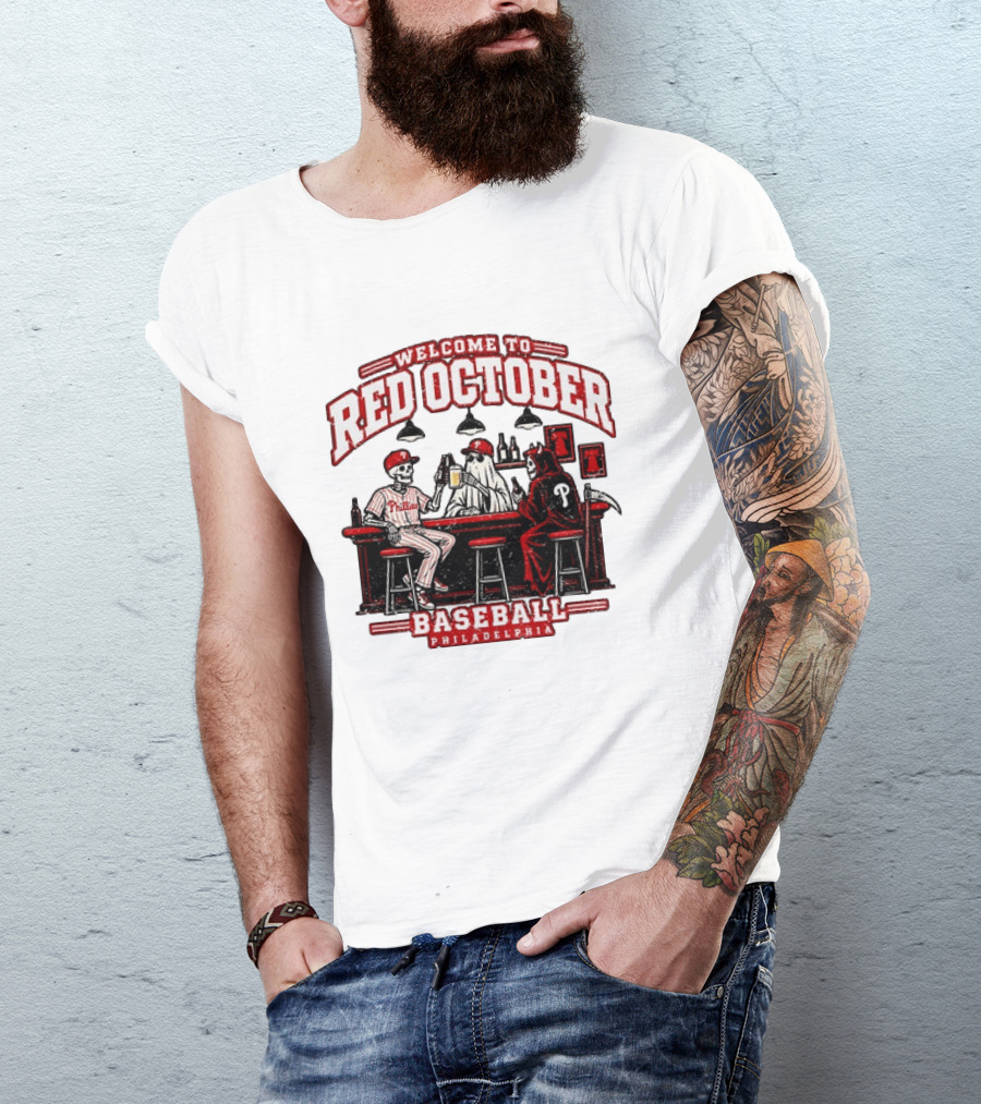 Welcome To Red October Baseball Philadelphia Halloween Skeletons And Ghost At Bar T-Shirt