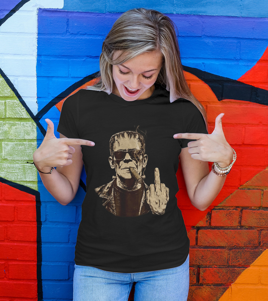 Frankenstein Cigar Middle Finger Smoking Horror Halloween T-Shirt