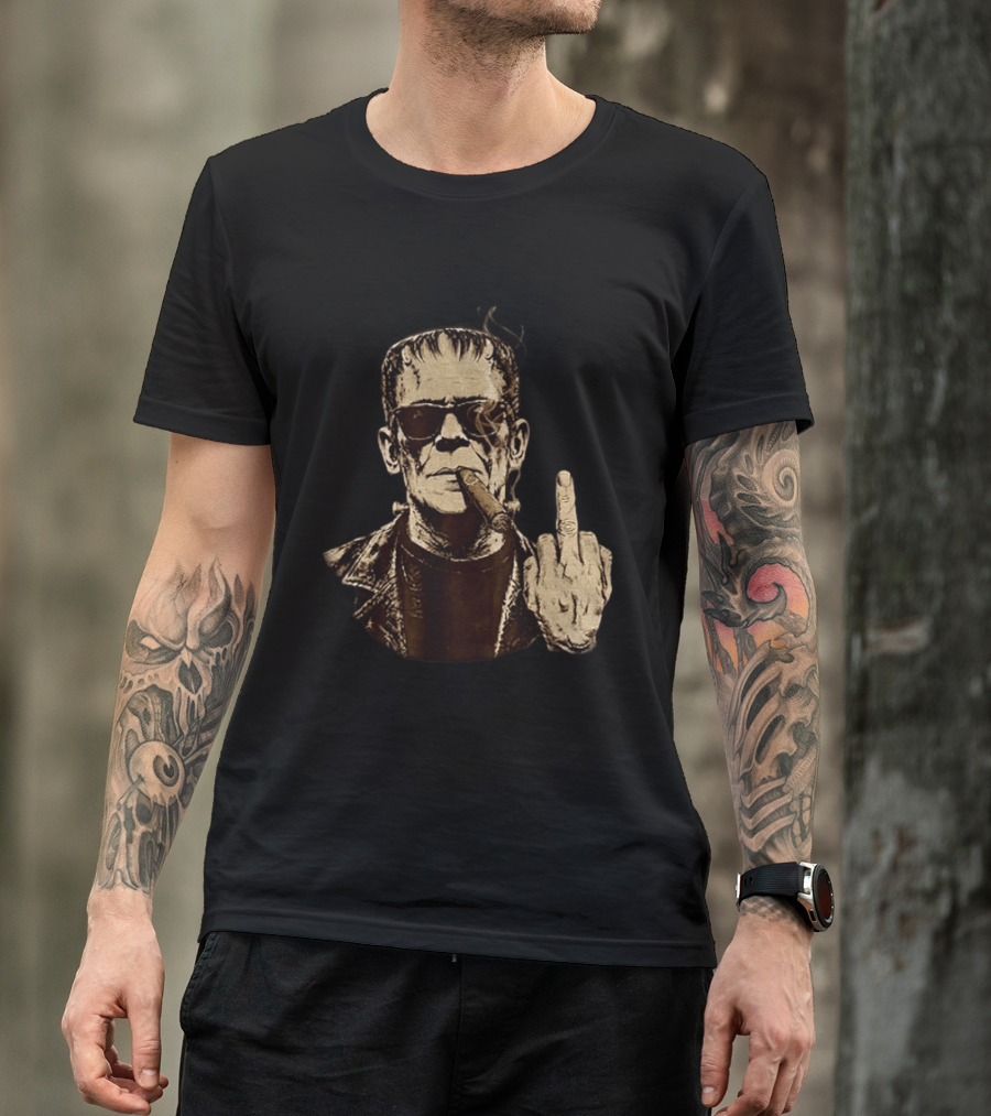 Frankenstein Cigar Middle Finger Smoking Horror Halloween T-Shirt