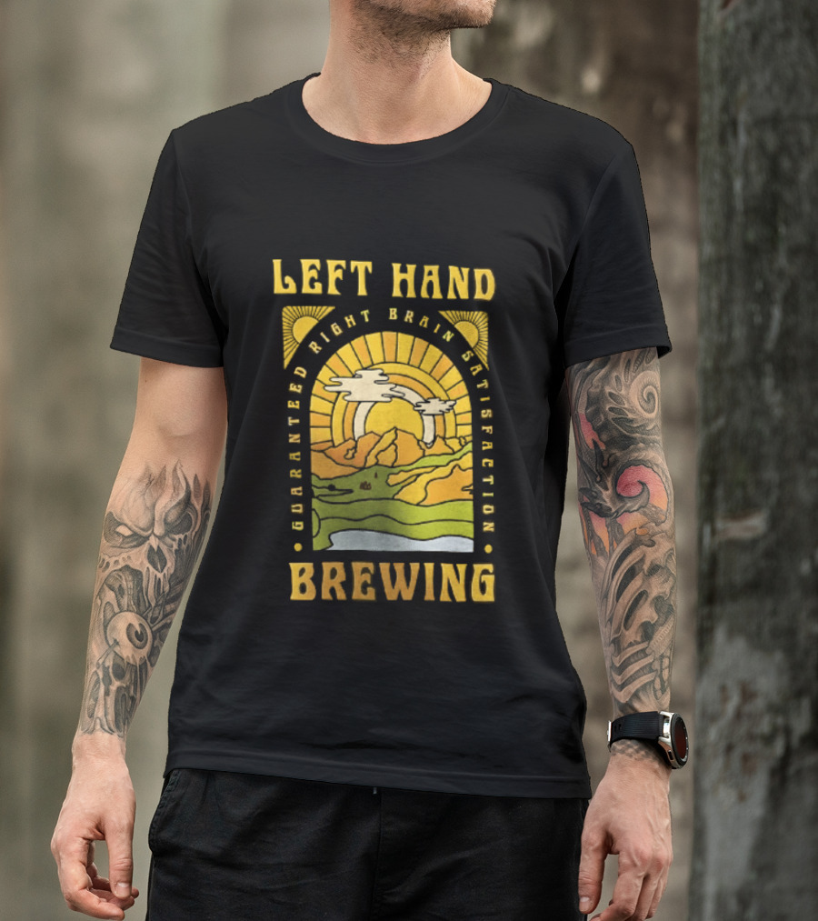 Left Hand Brewing Guaranteed Right Brain Satisfaction Sunburst River Landscape T-Shirt