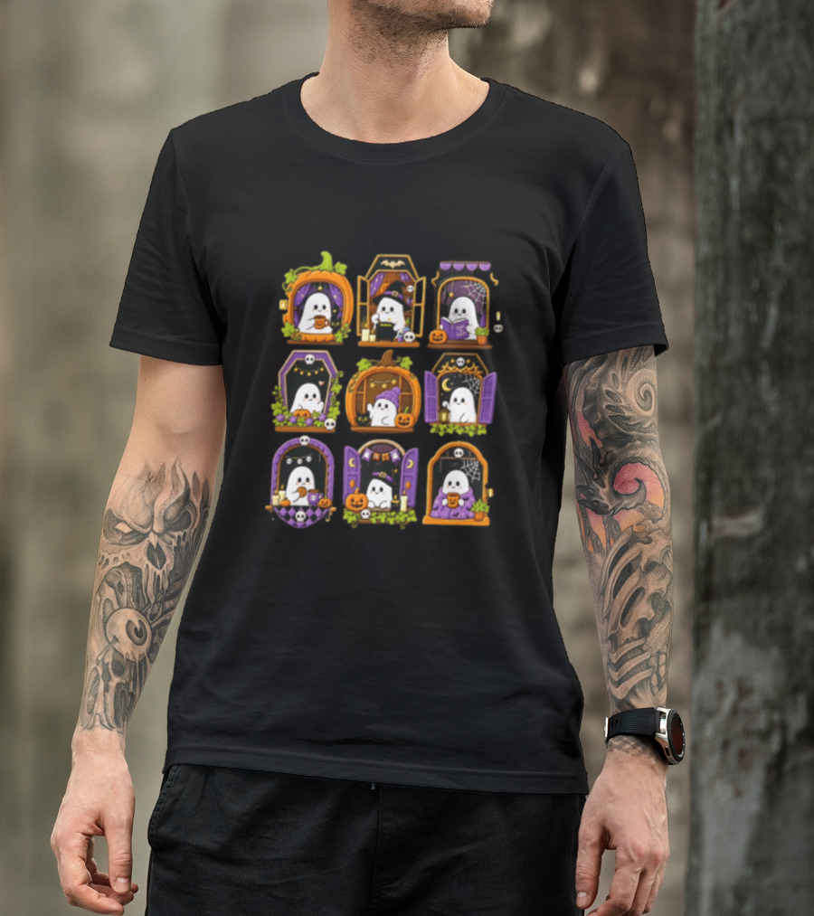 Halloween Ghost Pumpkin Witch Doors Autumn Scenes T-Shirt
