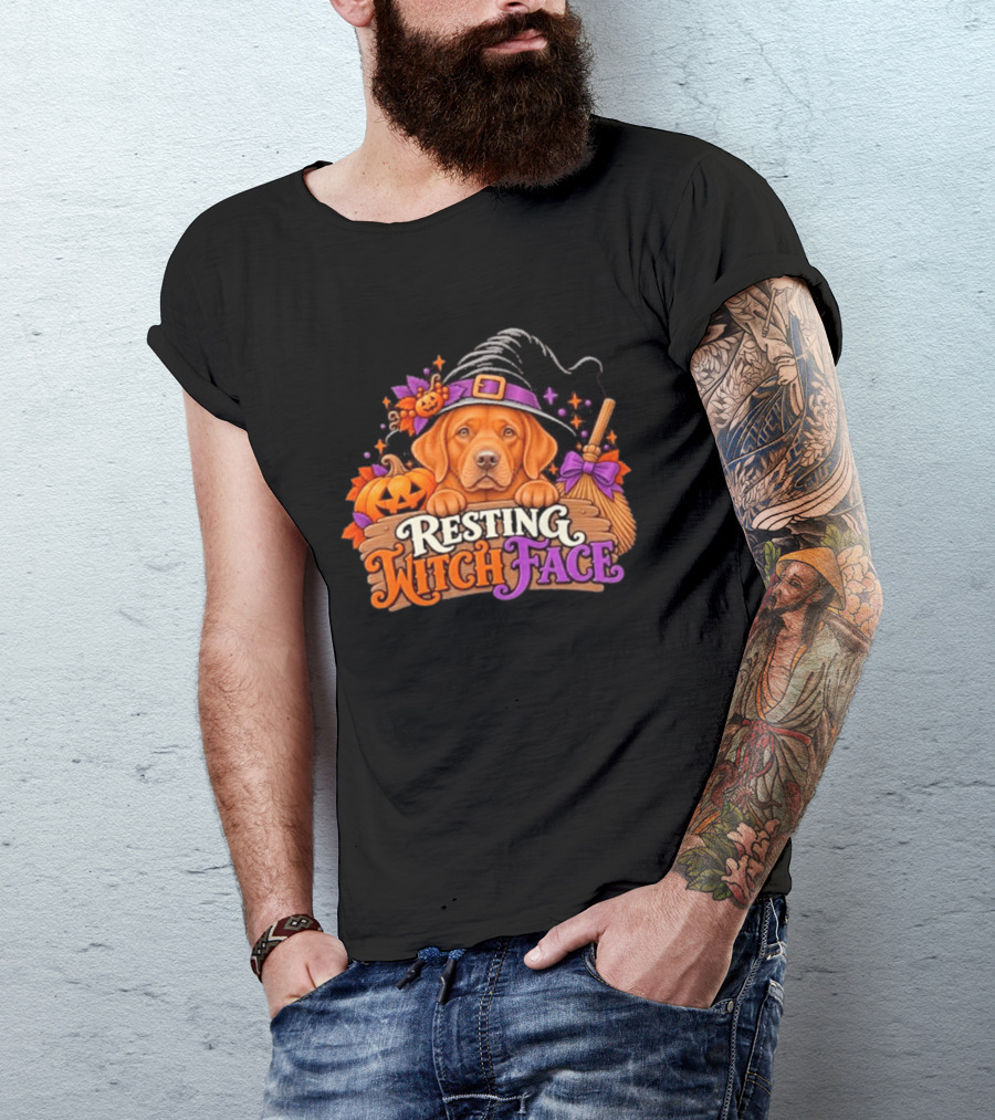 Resting Witch Face Dog Witch Hat Pumpkin Broom Halloween T-Shirt