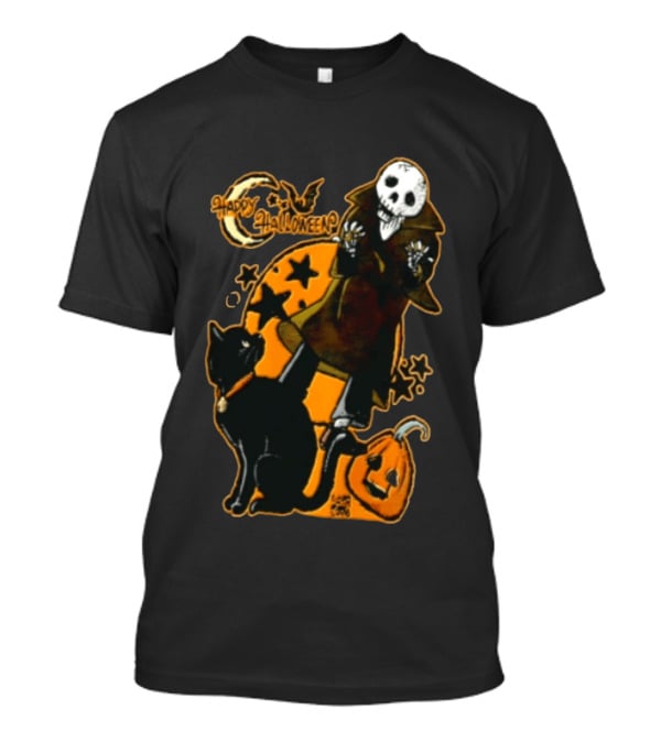 Happy Halloween Skeleton With Black Cat And Pumpkin T-Shirt
