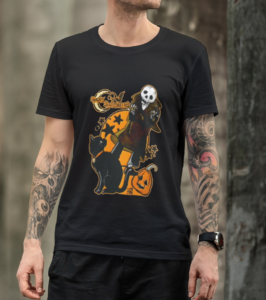 Happy Halloween Skeleton With Black Cat And Pumpkin T-Shirt