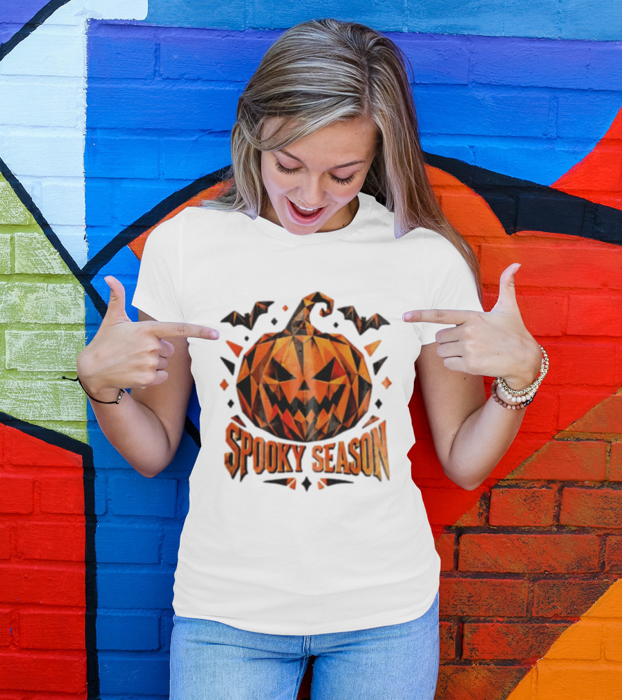 Spooky Season Geometric Pumpkin Halloween Bats T-Shirt