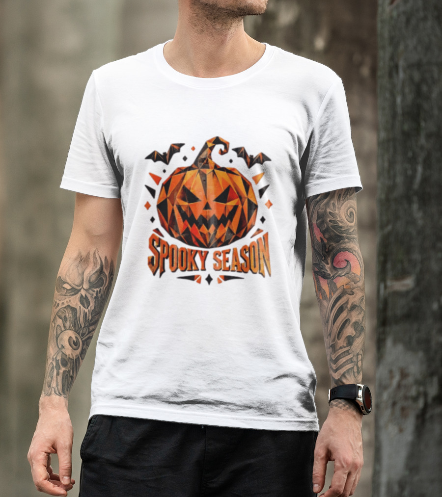 Spooky Season Geometric Pumpkin Halloween Bats T-Shirt