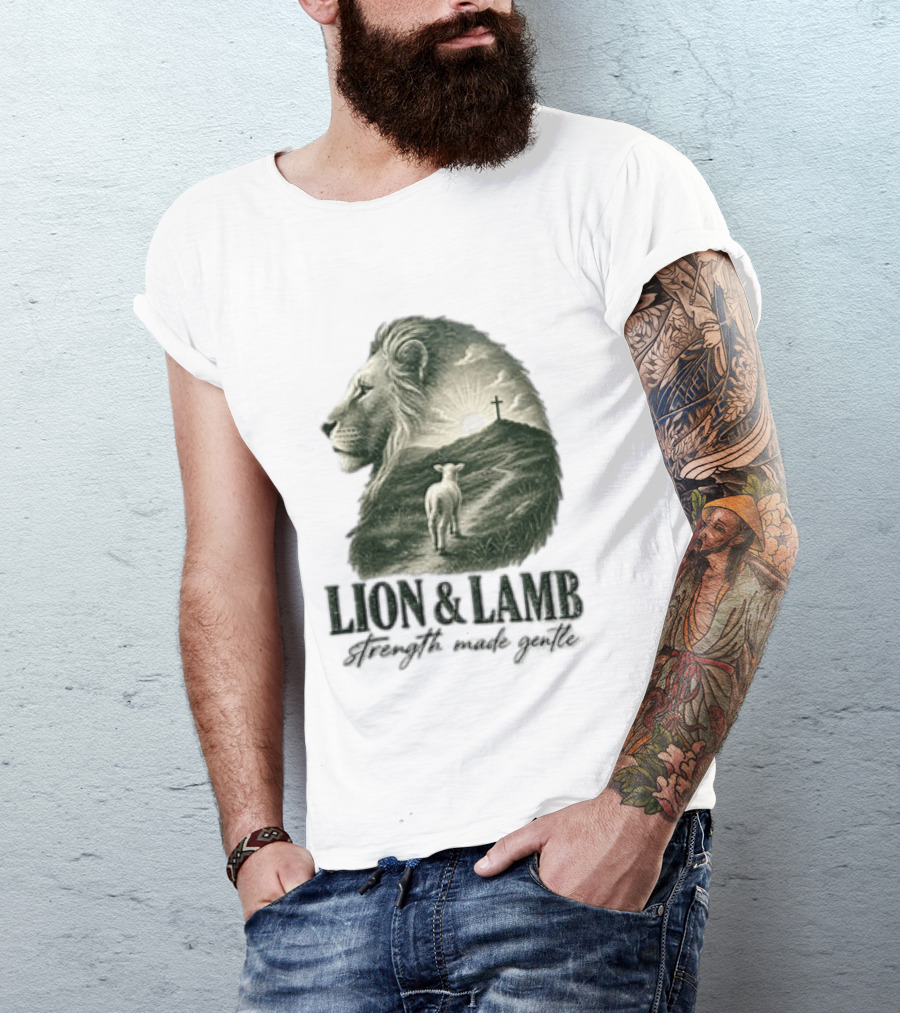 Lion And Lamb Strength Made Gentle Jesus Christ Cross Calvary Christian Faith T-Shirt