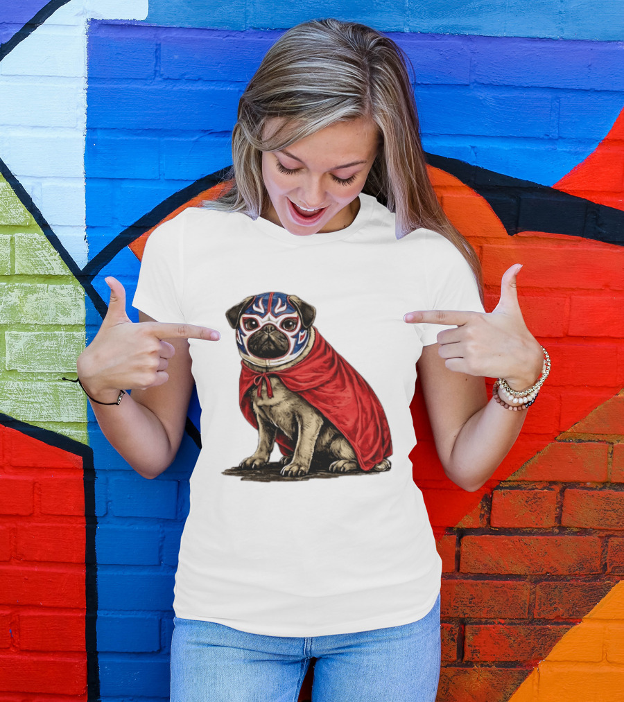 Lucha Libre Pug Red Cape Mexican Wrestling Dog Mask T-Shirt