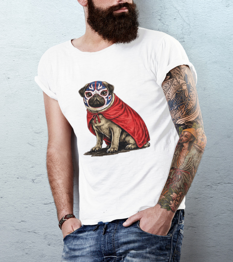 Lucha Libre Pug Red Cape Mexican Wrestling Dog Mask T-Shirt