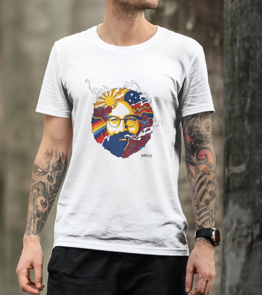 Psychedelic Jerry Garcia Face Sun Waves Stars Roses T-Shirt
