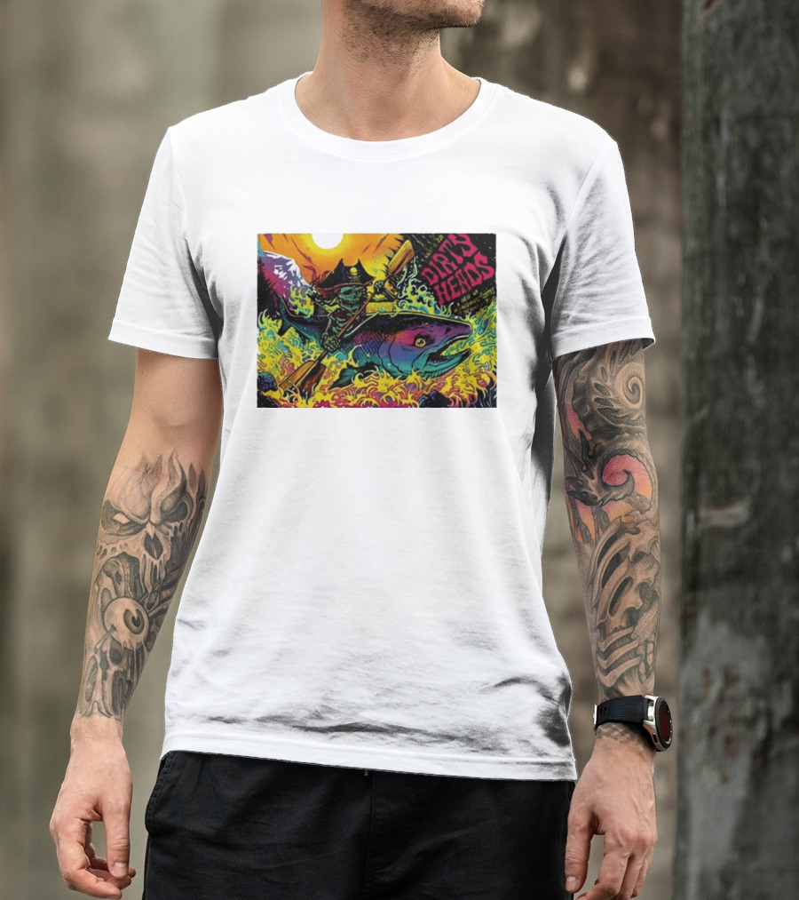 Dirty Heads Pirate Skeleton Kayaking Giant Fish Psychedelic Adventure T-Shirt