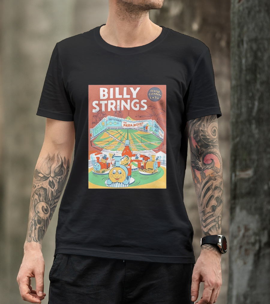 Billy Strings Denver Colorado 2026 Ball Arena Paramount Theatre September Concert Featuring Train Carousel Illustrations T-Shirt