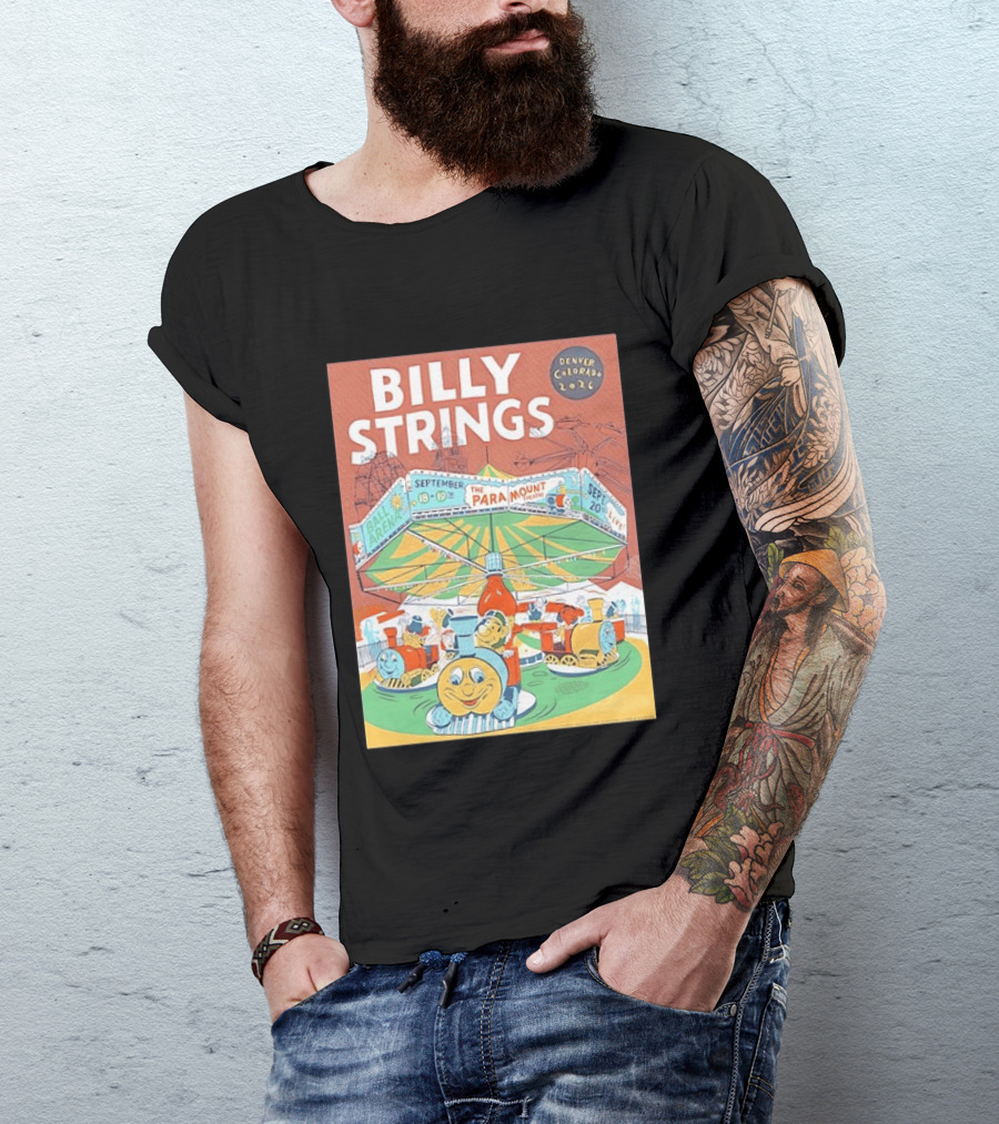 Billy Strings Denver Colorado 2026 Ball Arena Paramount Theatre September Concert Featuring Train Carousel Illustrations T-Shirt