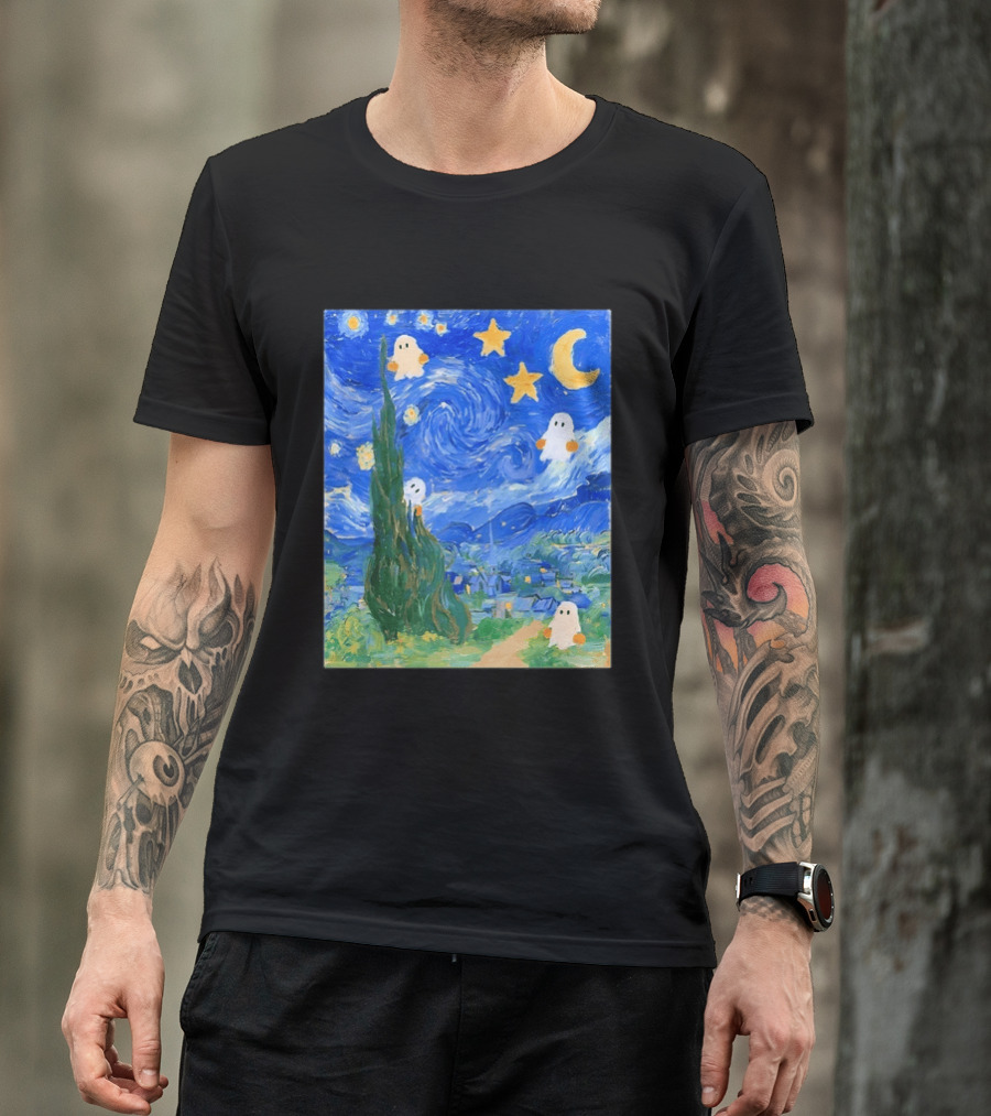 Starry Night Halloween Ghosts Vincent Van Gogh Painting T-Shirt