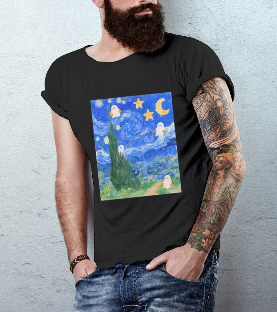 Starry Night Halloween Ghosts Vincent Van Gogh Painting T-Shirt