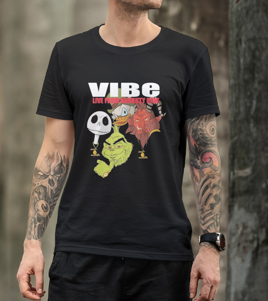 Vibe Live From Naughty Row Grinch Krampus Scrooge Jack Skellington Christmas Naughty Row Records T-Shirt